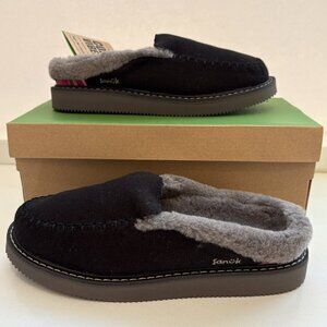 Sanuk Cozy Vibe Slippers Faux Fur Slip On Clogs Indoor Outdoor Black Size 7 NEW